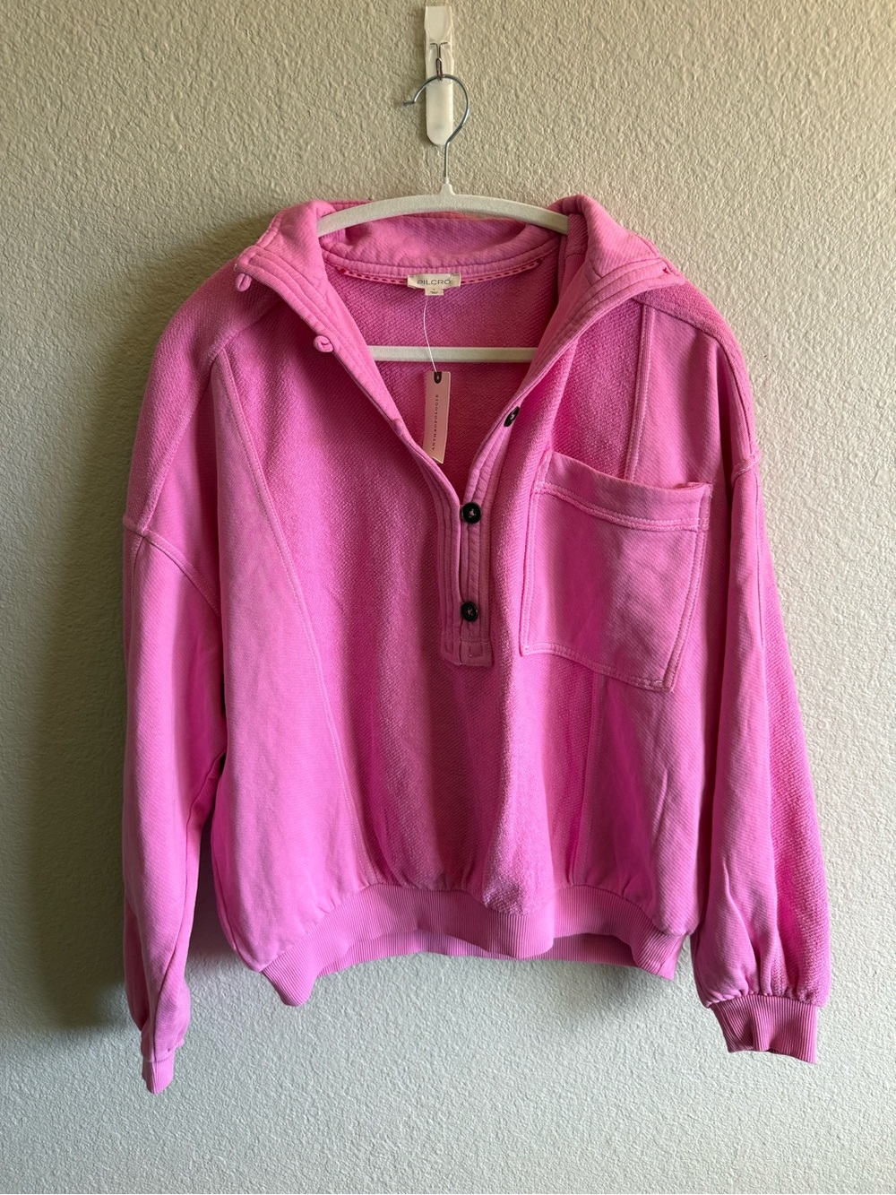 NWT Pilcro Anthropologie 100% Cotton Pink Button Front Popover Top Sweatshirt - Picture 3 of 8